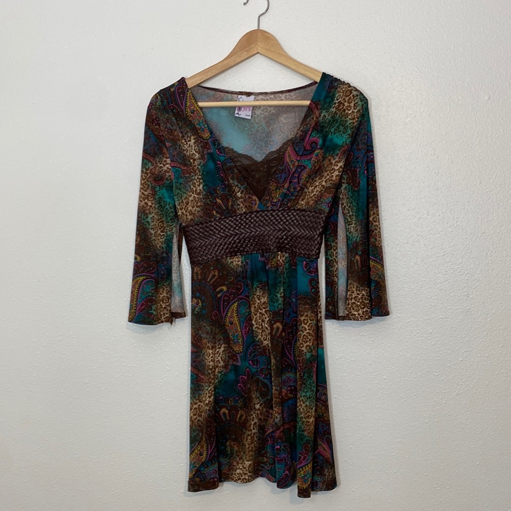 Lucy Love boho chic paisley cheetah print dress. Sized small